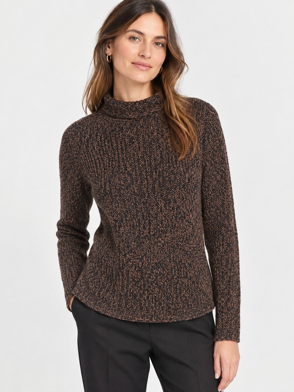 Eileen Fisher Marled Knit Funnel Neck Sweater Size S Brown Black